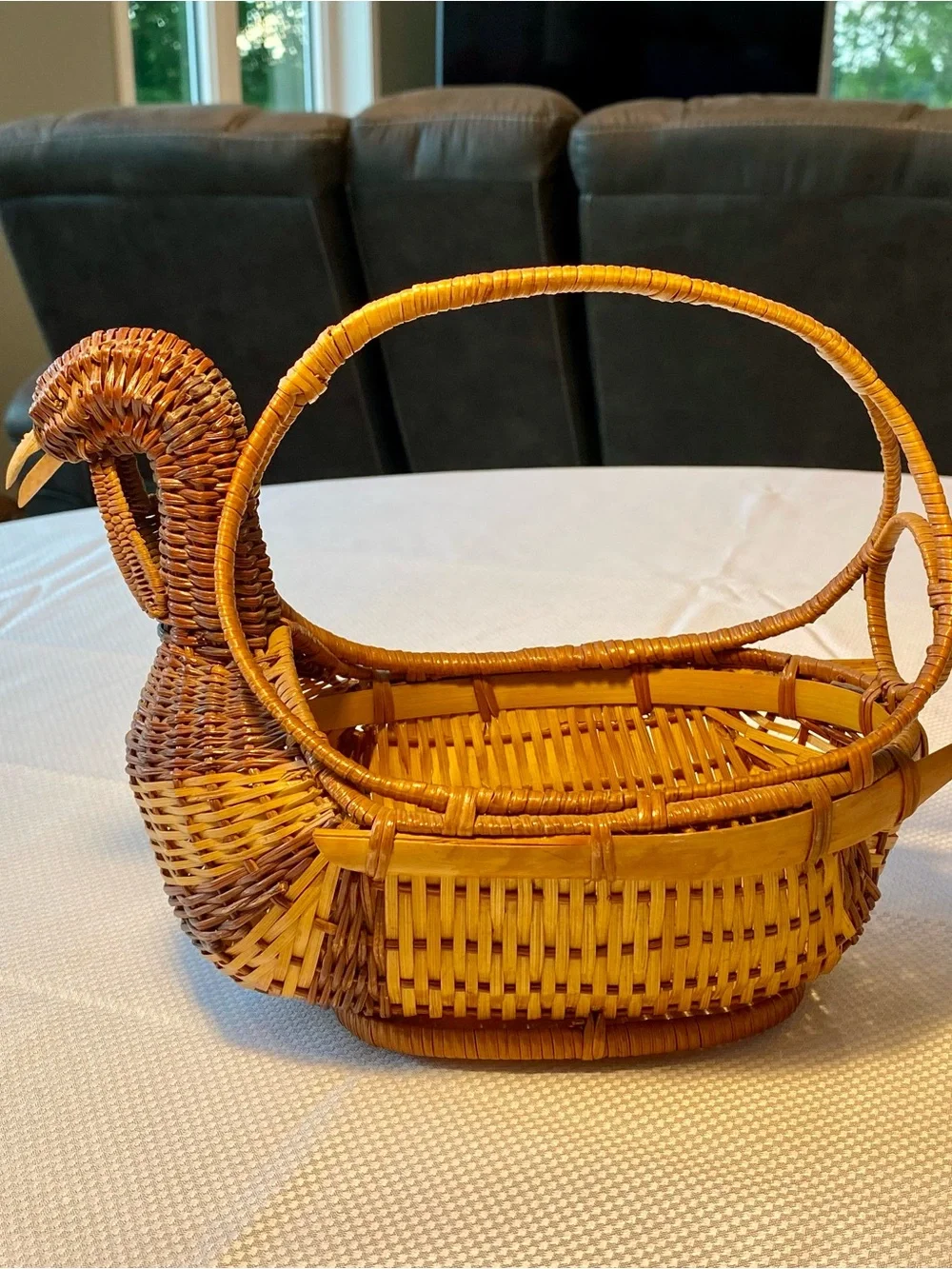 Vintage Woven Rattan Turkey Handle Basket - Natural Brown